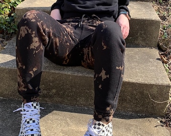 Tie-Dye Reverse Bleached Black Sweatpants w/ Pockets and Drawstring Waistband