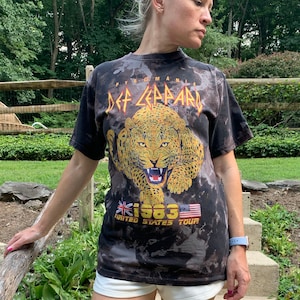 Vintage Inspired Def Leppard Tie Dye Band Shirt Bleached T-shirt • 70&#39;s Rock Band Tee Leopard Bleached Band Tee • Tye-Dye Rocker Band Tee