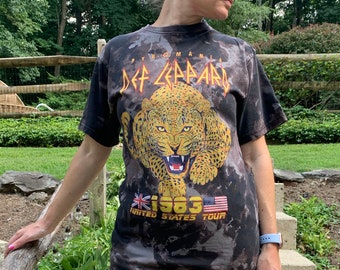 Vintage Inspired Def Leppard Tie Dye Band Shirt Bleached T-shirt • 70's Rock Band Tee Leopard Bleached Band Tee • Tye-Dye Rocker Band Tee