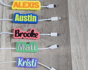 3D Printed Name Label for Cords- iPhone and Android Cord Name- Fits 3mm and 4mm Standard Cords