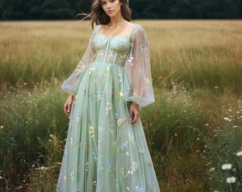Fairy Prom dress, Green prom dress, fairycore dress, corset wedding dress, elven dress, prom dress ball gown, fairy ball gown