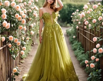 Green Fairy Prom Tulle dress, Green prom dress, fantasy dress, corset wedding dress, elven dress, prom dress ball gown, fairy ball gown