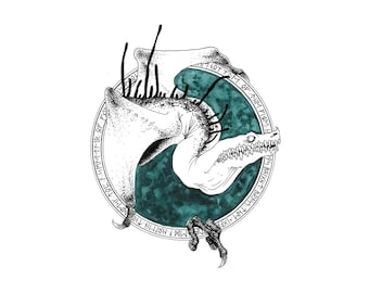 May include: Black and white illustration of a dragon with a teal background. The dragon is curled up in a circle with its head facing the viewer. The dragon has sharp teeth and claws. The background is surrounded by a circle of runes.
