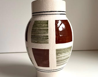 Vintage Japanese Pottery Vase, MCM Color Block Geometric Design