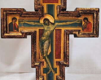 Greek Orthodox Byzantine Crucifixion Icon - Handmade On Solid Wood With Gold Leaf, 6.69x9.05 Inches