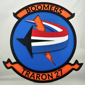 VT-27 Boomers, U.S. Navy Primary Fixed Wing Training Squadron Two-Seven, Squadron Logo 11.5” Plaque, USMC, USCG