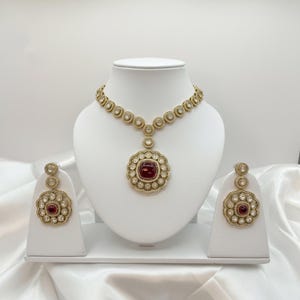 New moissonite kundan Necklace Pandel Style with earrings ruby and gold doublet stone  Set