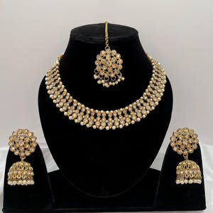 Gold polki Necklace,earrings with Jumki and Tikka, Wedding Jewelry Set  Bridesmaid