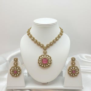 New moissonite kundan Necklace Pandel Style with earrings pink and gold doublet stone  Set