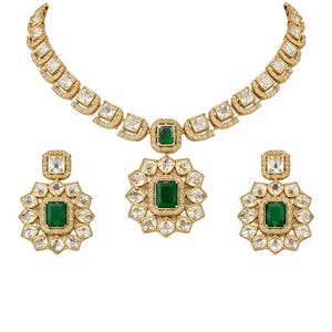 New moissonite kundan Necklace Pandel Style with earrings green and gold doublet stone  Set