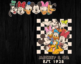 May include: A graphic featuring cartoon characters including Mickey Mouse, Minnie Mouse, Donald Duck, Daisy Duck, Goofy, and Pluto. The image includes the text "Mickey & Co. Est. 1928" on a black and white checkered background.