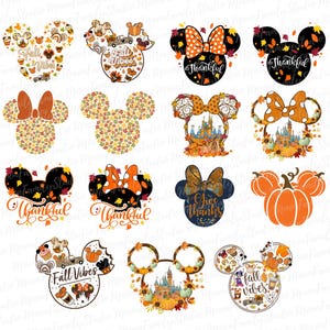 May include: A collection of fall-themed Mickey Mouse head designs. The designs feature autumn leaves, pumpkins, bows, and the phrases "Fall Vibes" and "Thankful." The color palette includes orange, brown, black, and gold, perfect for seasonal crafts and decorations.