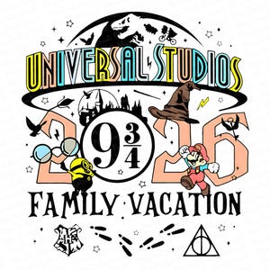 May include: A colorful graphic design featuring the words "Universal Studios" in a retro font, with the numbers "2026" and "9 3/4". Includes cartoon characters, a wizard's hat, and the text "Family Vacation".