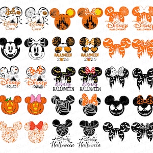 Puede incluir: Una colección de diseños gráficos digitales con siluetas de cabezas de Mickey y Minnie Mouse con temas de Halloween, que incluyen calabazas, telarañas, murciélagos, castillos y textos como Disney Crew, Disney Halloween, Disney Squad y 2026.