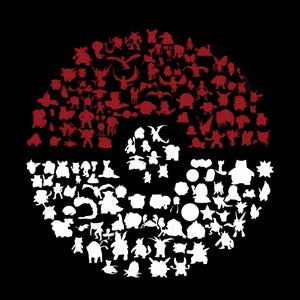 May include: A red and white Pokeball design made up of many different Pokemon characters. The Pokemon characters are all in silhouette form.