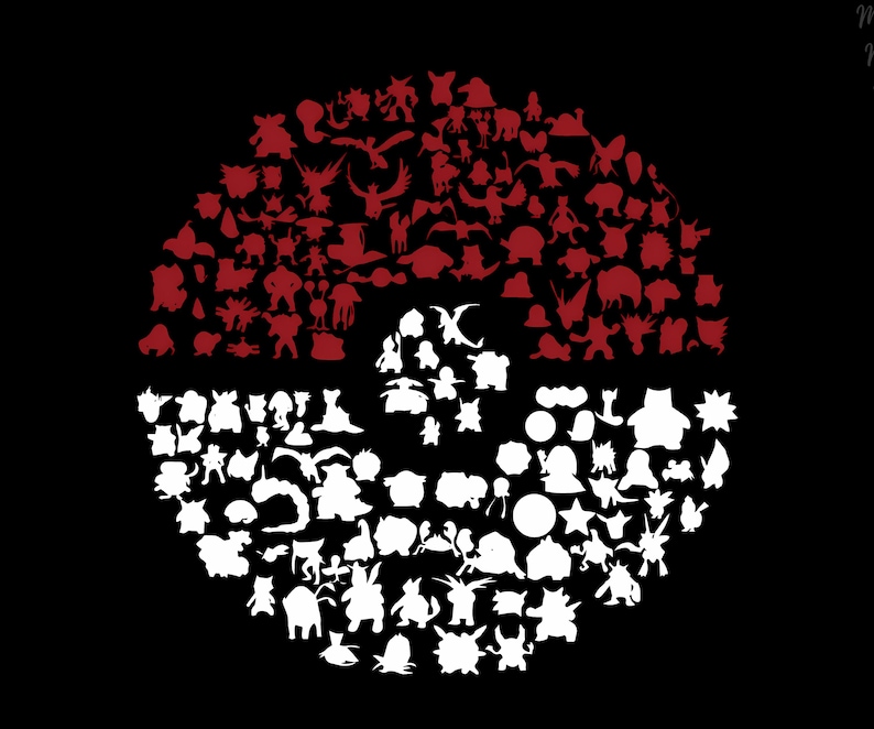 May include: A red and white Pokeball design made up of many different Pokemon characters. The Pokemon characters are all in silhouette form.