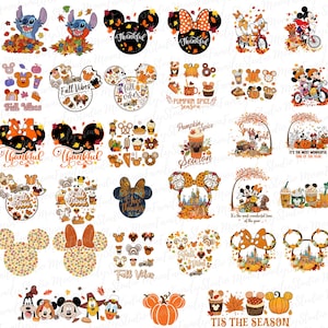 May include: A collection of 36 digital designs featuring various Disney characters and fall-themed elements. The designs include Mickey Mouse, Minnie Mouse, Stitch, Donald Duck, and more. The designs feature fall colors like orange, red, and yellow, and include phrases like "Fall Vibes", "Thankful", and "Pumpkin Spice Season".