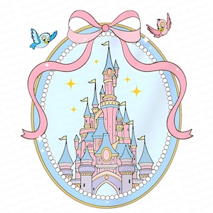 May include: A charming illustration of a pink and blue castle with multiple spires and flags, set within a light blue oval. The oval is framed by a pearl border, a pink bow, and two cartoon birds. Gold stars are scattered around the castle.