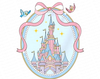 Magical Castle Coquette with Pink bow PNG, Magic Kingdom Sleeping Beauty Digital, Cartoon Pink Ribbon Png, Princess Png for Family Vacation