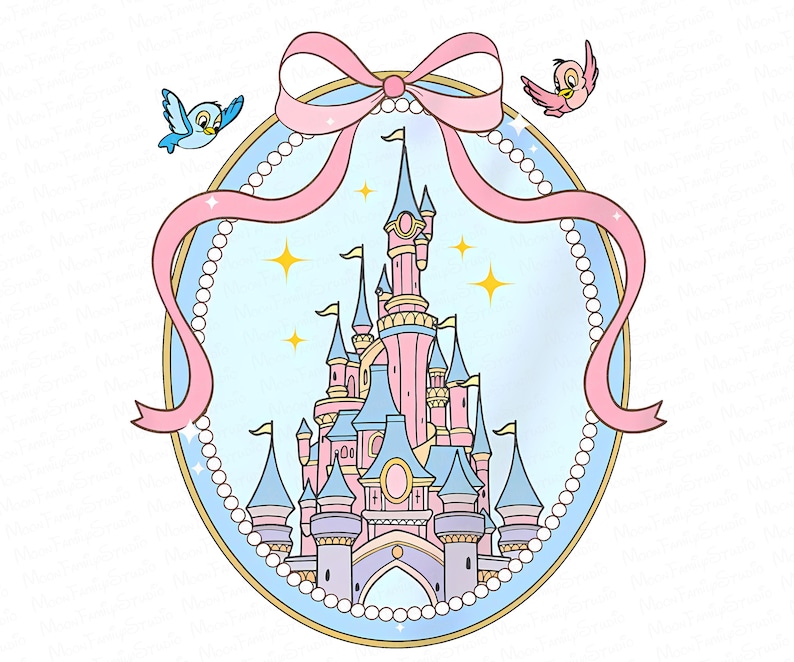 May include: A whimsical illustration of a pink and blue castle with multiple spires, flags, and arched entryways. The castle is framed by a light blue oval with a pearl border, a pink bow, and two cartoon birds. Gold stars are scattered around the castle.