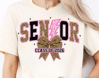 Senior 2026 PNG, Leopard Lightning Bolt Graduation Design, Coquette Class of 2026 Sublimation, Preppy Girly Senior Bow Shirt Design