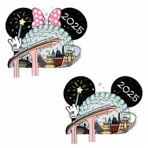 Op de afbeelding: Digitale illustratie van een themapark met een geodetische bol, een monorail en internationale bezienswaardigheden. Het ontwerp bevat een roze strik met witte stippen, een toverstaf en het jaar 2025.