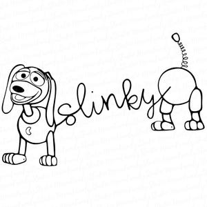 Peut inclure: Illustration en noir et blanc d'un chien avec un ressort attach&eacute; &agrave; sa queue. Le chien est &eacute;tiquet&eacute; "Slinky" en cursive.