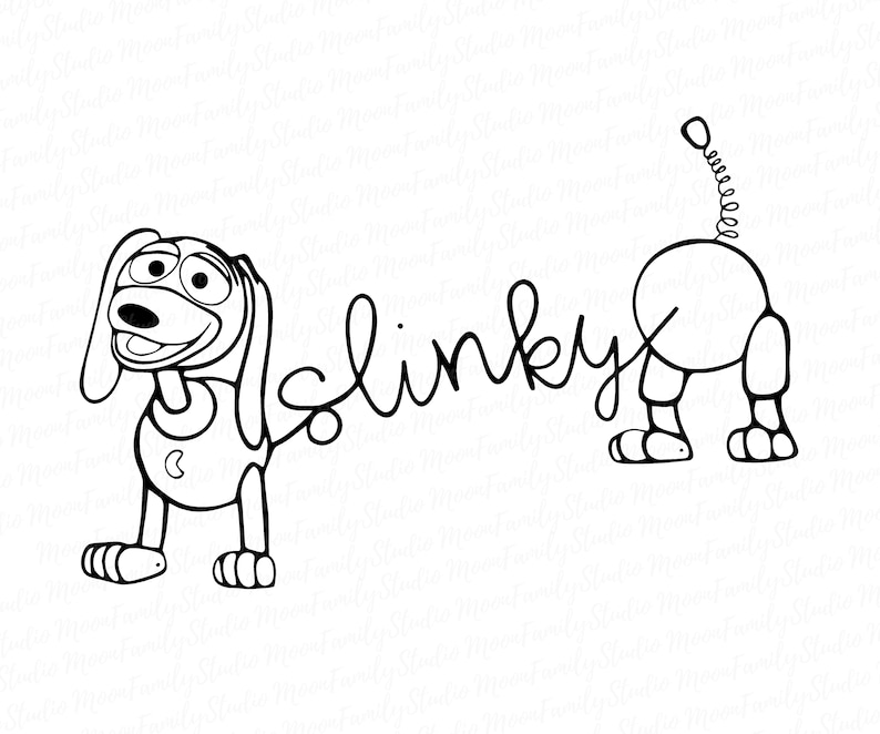 Peut inclure: Illustration en noir et blanc d'un chien avec un ressort attach&eacute; &agrave; sa queue. Le chien est &eacute;tiquet&eacute; "Slinky" en cursive.
