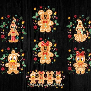 May include: A set of six gingerbread cookies decorated with Christmas themes. The cookies feature Mickey Mouse, Minnie Mouse, Donald Duck, Goofy, Pluto, and a gingerbread dog. The cookies are decorated with red, green, and white icing and sprinkles.