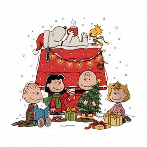 May include: A festive illustration featuring Snoopy in a Santa hat, relaxing on his red doghouse, holding a mug. Charlie Brown and friends are gathered around, decorating a Christmas tree and exchanging gifts. Snowflakes fall in the background.