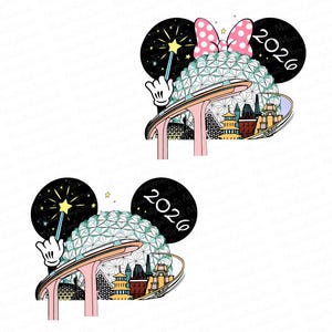 May include: A whimsical illustration featuring a stylized depiction of Spaceship Earth with Mickey Mouse ears. The design includes a pink bow, a magic wand, and the year 2026. The artwork is set against a white background.