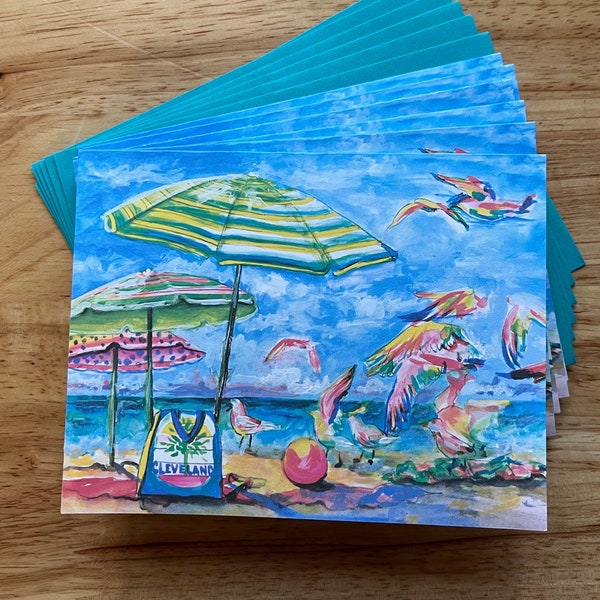 Set of 6 Notecards (blank) and Corresponding Envelopes. Cleveland Beach Artwork by Katy Clark. MADE IN USA.