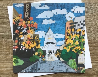 One Blank Notecard (and Envelope) Featuring Cut Paper Artwork "State Street, Madison, WI" by Katy Clark.