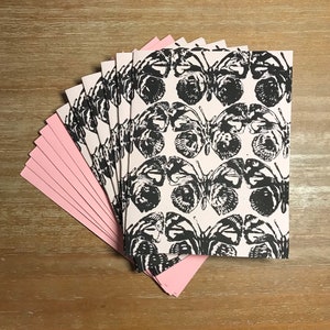 Set of 6 Butterfly Lino Print Art on soft pink cardstock by Katy Clark Notecards (blank) and Corresponding Envelopes.  MADE IN USA.