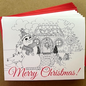 Set of 6 Color Your Own Christmas Cards and Corresponding Envelopes &quot;Snowman at Gingy&#39;s&quot;  by Katy Clark