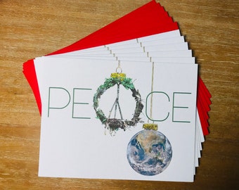 Set of 6 Peace on Earth Themed Glittered Holiday Cards and Corresponding Envelopes by Katy Clark