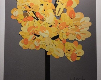 8 x 10 Yellow cut paper tree reproduction of original art by Katy Clark GICLEE PRINT