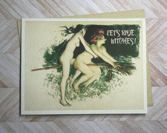Halloween notecard with witches on it saying Let's Ride
