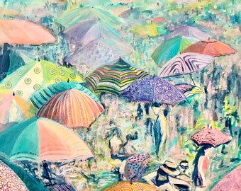 Beach Umbrellas Giclee Print: Coastal Art by Katy Clark (12.25" x 12.25")