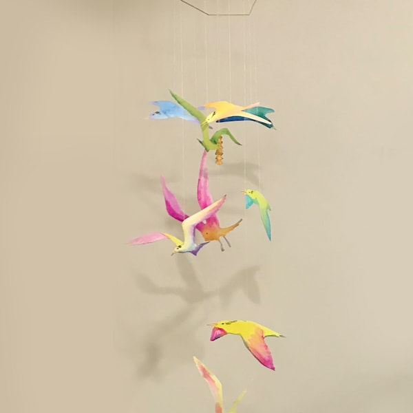 Colorful Paper Bird Mobile with 9 Hand-Painted Watercolor Birds by Katy Clark