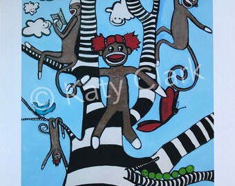 Sock Monkey Art Print: "The Silly Tree" Whimsical Nursery Decor