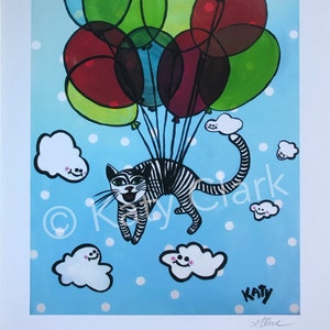 Fine Art Signed Artist GICLEE PRINT of Original Acrylic Painting Titled "Bye Bye Kitty" by Katy Clark. A fun cat art piece!