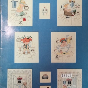 May include: A cross-stitch pattern booklet featuring a collection of children's bathroom scenes. The cover features a child sitting on a toilet with the text "The Potties in Pastels Collection" and "Alma Lynne presents".