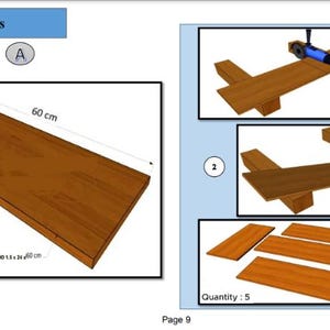 May include: Diagram showing how to cut a piece of solid wood plywood measuring 60 cm by 34.8 cm into five smaller pieces. The diagram shows the wood being cut with a circular saw. The final result is five rectangular pieces of wood.