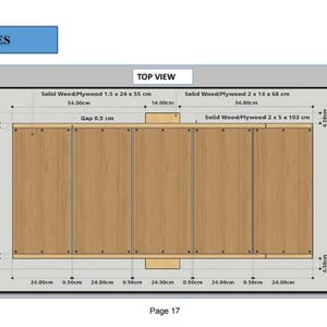 May include: Top view diagram of a wooden cabinet with measurements in inches. The cabinet is made of solid wood plywood and has a gap of 0.5 inches between the panels.