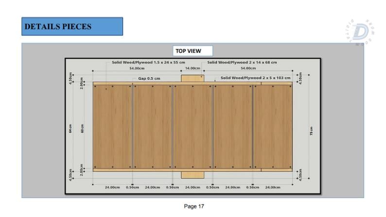 May include: Top view diagram of a wooden cabinet with measurements in inches. The cabinet is made of solid wood plywood and has a gap of 0.5 inches between the panels.