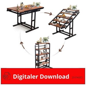 May include: A multi-functional wooden table with a black metal frame that can be converted into a bookshelf. The table has a brown wood top and shelves. The table is shown in three different positions: as a table, as a shelf, and as a combination of both.