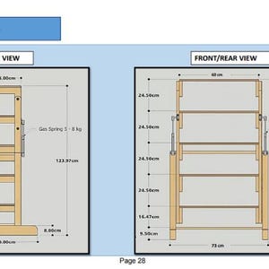 May include: A side and front view technical drawing of a wooden shelf unit with a gas spring mechanism. The shelf unit is 123.97 cm tall, 73 cm wide, and 60 cm deep. The gas spring is rated for 5-8 kg.