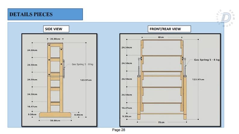 May include: A side and front view technical drawing of a wooden shelf unit with a gas spring mechanism. The shelf unit is 123.97 cm tall, 73 cm wide, and 60 cm deep. The gas spring is rated for 5-8 kg.