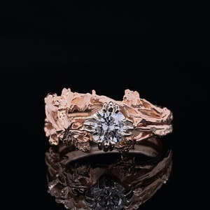 Falling in Love Maple Leaf Wedding Set, 14k solid Rose Gold and Natural Diamond